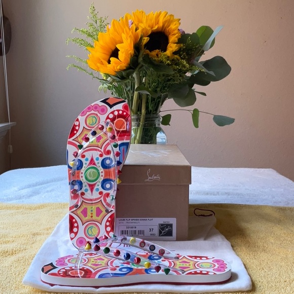 💚❤️ CHRISTIAN LOUBOUTIN LOUBI FLIP SPIKES DONNA - Picture 8 of 16